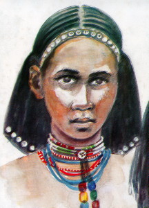 Volto di donna con ornamento, gioielli e treccine Oromo
